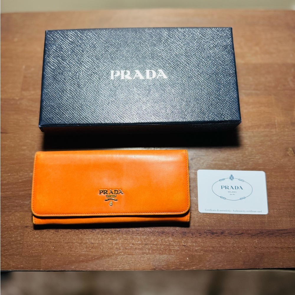 PRADA Saffiano leather long wallet Papaya